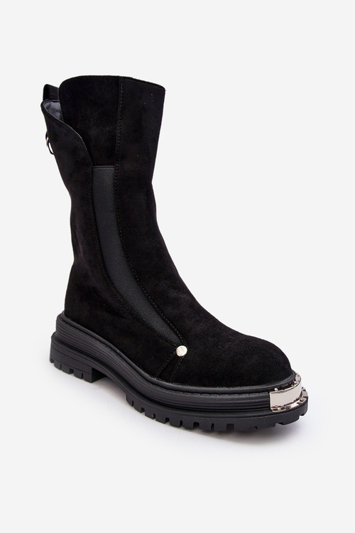 Botki Ocieplane Zamszowe Płaski Obcas Czarne Palimra NC1306