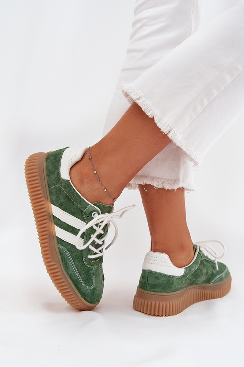 Zamszowe Damskie Sneakersy Platforma Zielone Marisae 