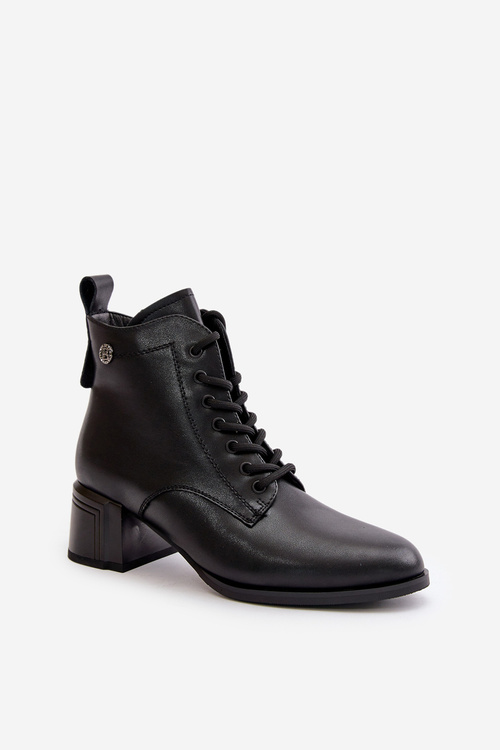 Lace Up Women's Heeled Boots Made Of Natural Leather Insulated Black Vinceza 91110