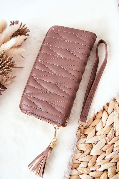Large Quilted Zip Wallet with Strap Cappucino