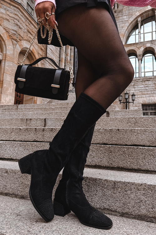 Damskie Kozaki Obcas Klocek Eko Zamsz Zdobienie Czarne Ivanna