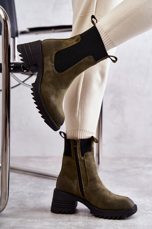 Botki Damskie Ocieplane Obcas Zielone Abella