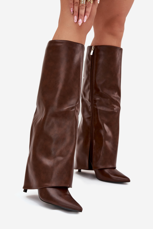 Insulated Stiletto Boots With Folded Shaft Chocolate Tamonia
