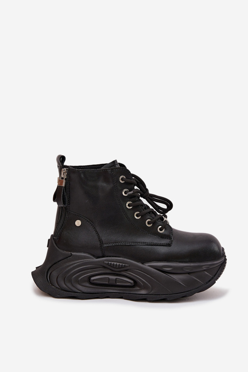 Damskie Botki Skóra Naturalna Ocieplane Na Platformie Czarne GOE SS2N4301