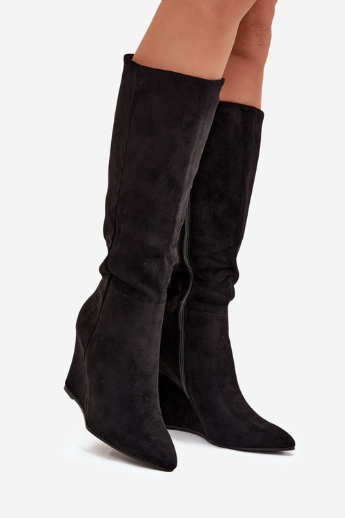 Damskie Kozaki Na Koturnie Ocieplane Zamek Czarne Rosina