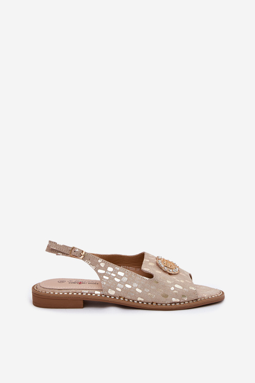 Leather Sandals With Decoration On Flat Heel S.Barski KV51-096 Gold