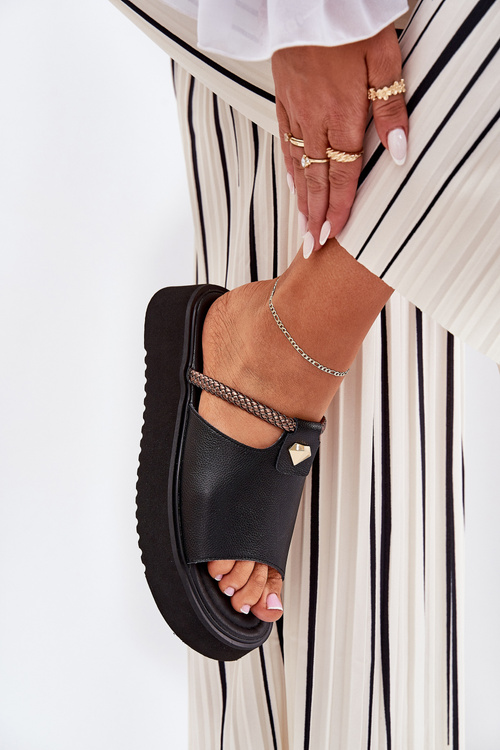 Leather Ladies Platform Slippers With Decorative Strap D&A MK51-475 Black