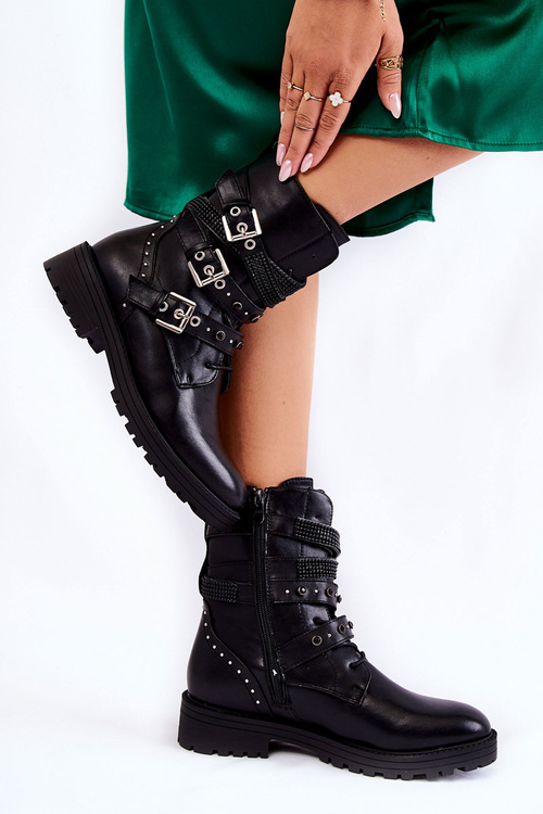 Women's Warm Boots With Strips Smooth Black Lamberta