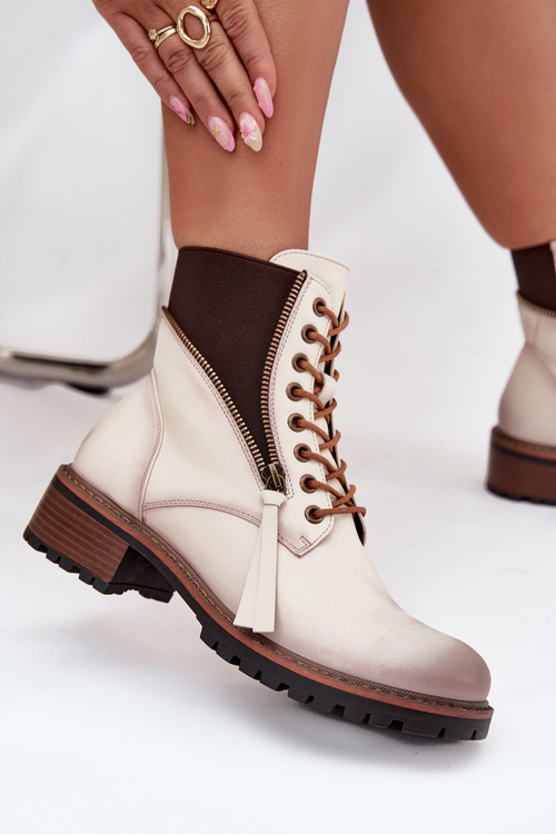 Damskie Botki Ocieplane Obcas Klocek Beżowe Vinceza 58559