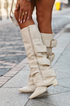 Women's High Heel Boots with Turned-up Shaft and Golden Buckles Light Beige Isavelle