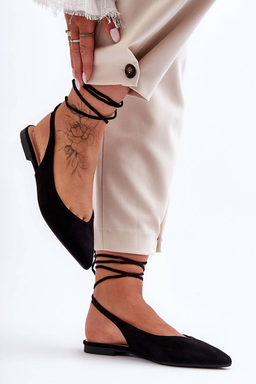 Baleriny Damskie Zamsz Wiązane Czarne Lilly Ann 4075