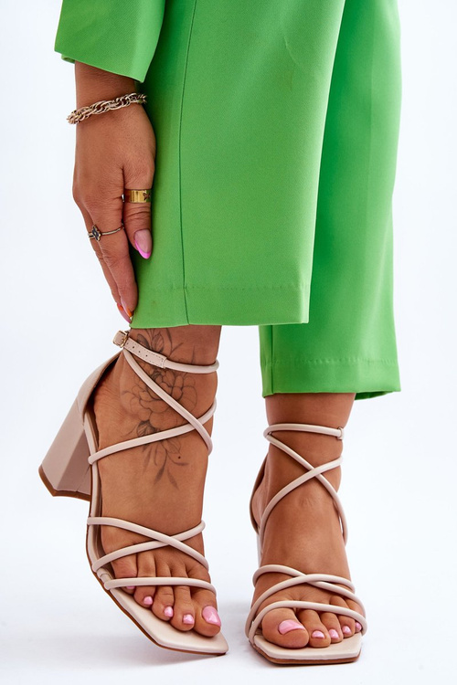 Sandały Skóra Modne Damskie Obcas Beżowe Primma