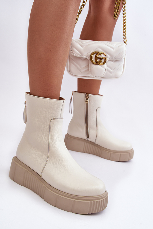 Botki Damskie Skóra Platforma Jasnobeżowe Lemar Jenefer 60369