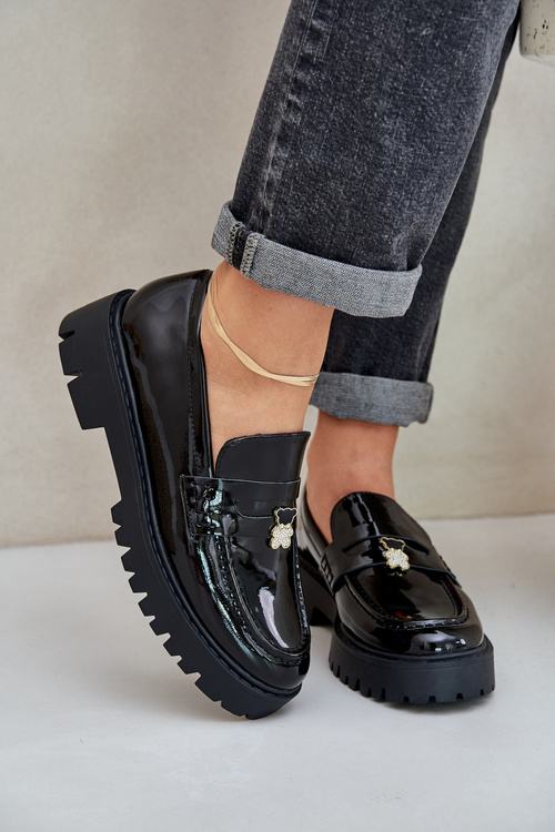 Mokasyny Lakierowane Damskie Przypinka Miś Czarne Wulinea