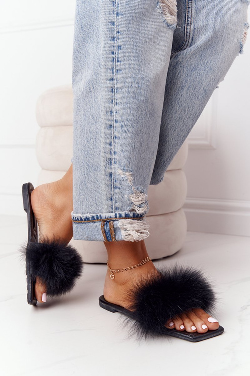 Leather Slippers With Eco Fur Black Love You So