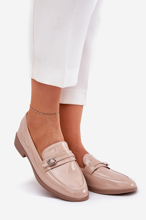 Lacquered Women's Moccasins With Decorative Buckle Beige Mollan