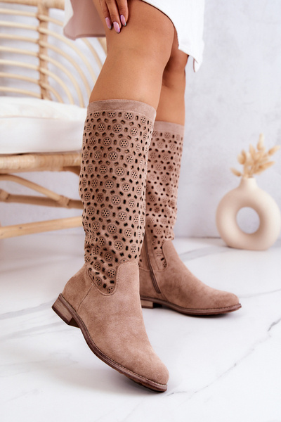 Openwork Suede High Boots Beige Darnell