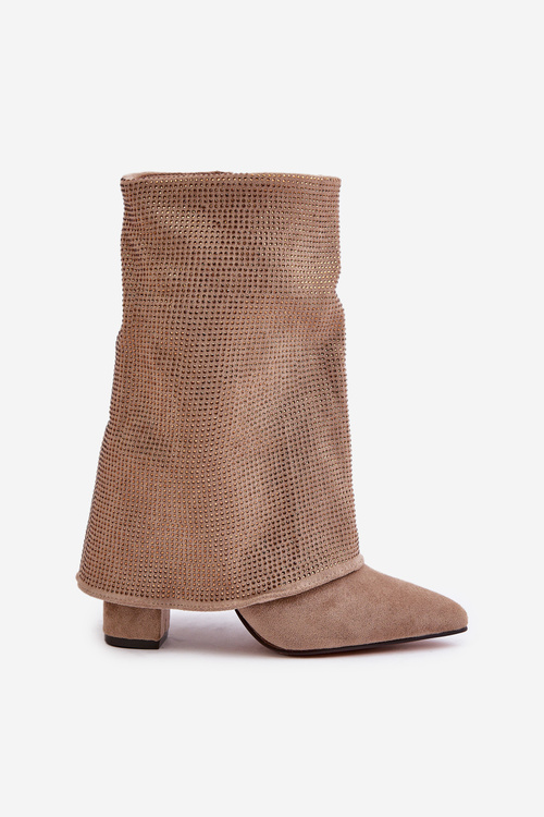 Decorated Shiny Ankle Boots With Turned Shaft On Heel Insulated Beige Xistaria