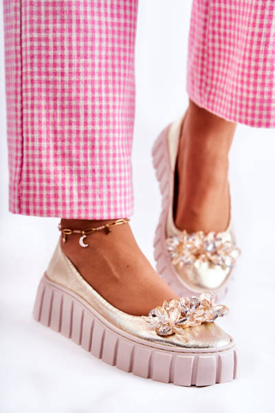 Leather Ballerinas On A Platform With A Ornament Gold Ladette