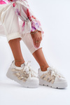 Sneakersy Skórzane Masywna Platforma Biało-Złote Zazoo 2F-7033