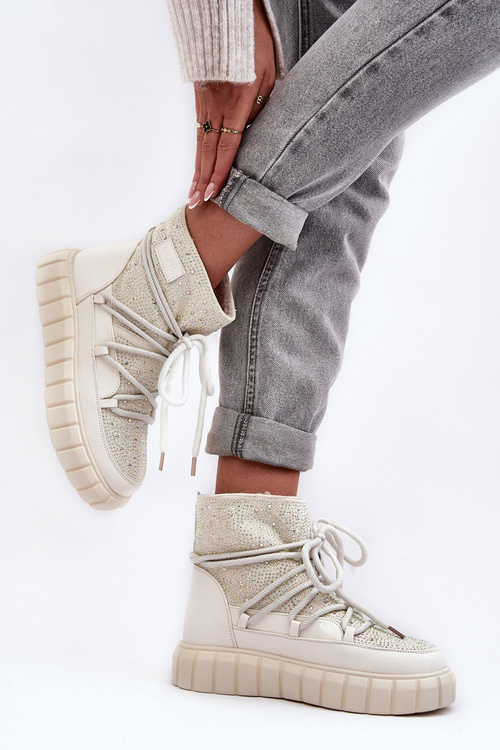 Quilted Snow Boots Embellished with Rhinestones Women's GOE MM2N4081 Beige