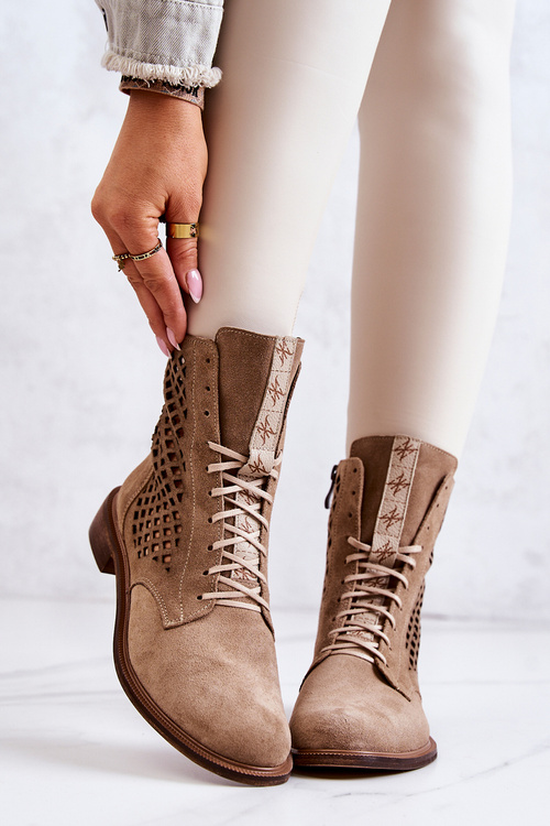 Botki Zamszowe Ażurowe Wiązane Beżowe Nicole 2696