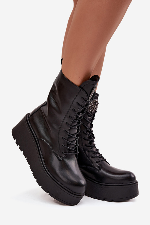 Leather Women's Ankle Boots With Decorated Insulated Black Ulrika