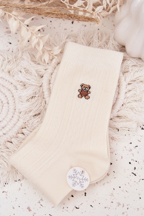 Warm Women's Socks With Wool Bear Ecru