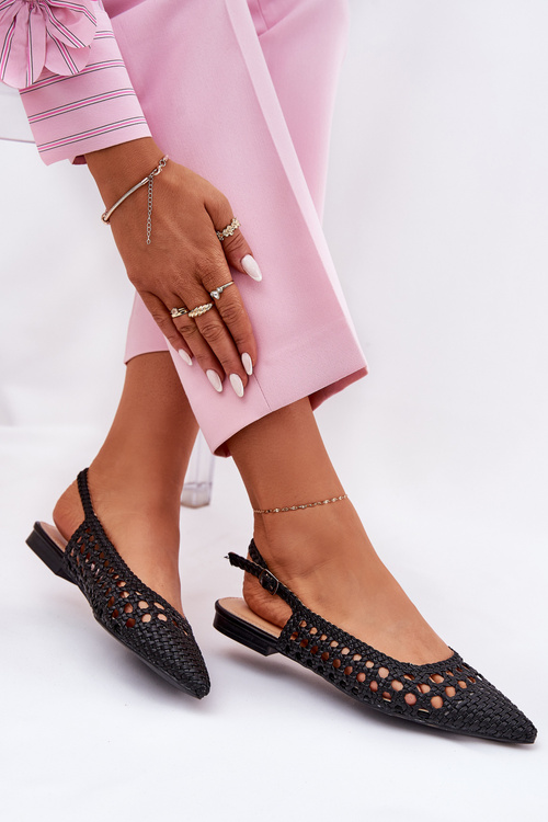 Baleriny Z Plecionką I Szpiczastymi Noskami Na Płaskim Obcasie Czarne Carollese