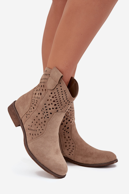 Ladies openwork ankle boots with flat heel beige Amisna