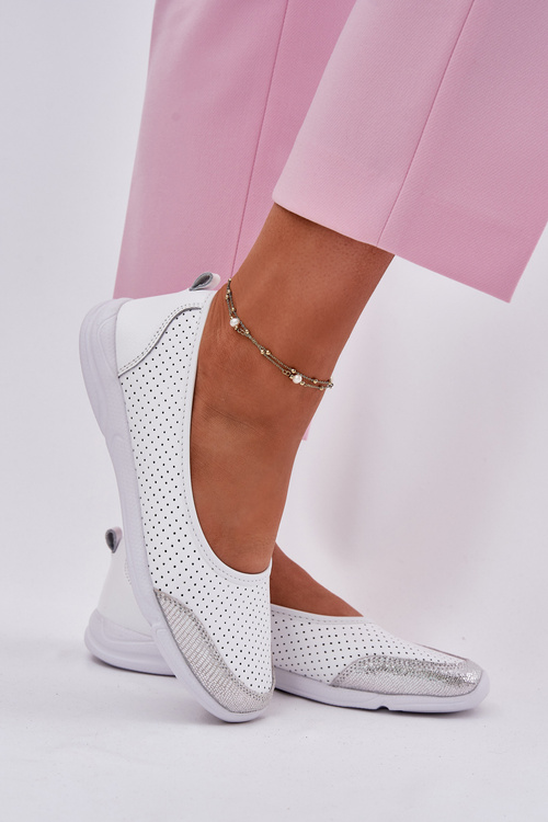 Baleriny Skóra Damskie Ażur Białe Lucy