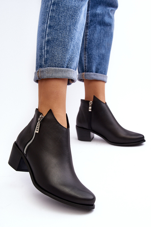 Black Leather Women's Ankle Boots with Low Shaft and Zippers Annaja