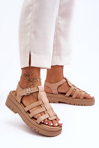 Leather Flat Sandals with Straps Beige Diosa