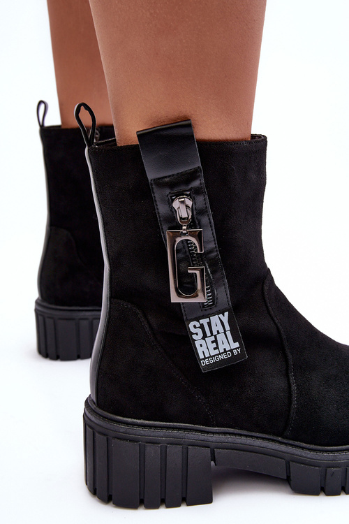 Women's Massive Suede Boots on a Flat Heel Black Lunai