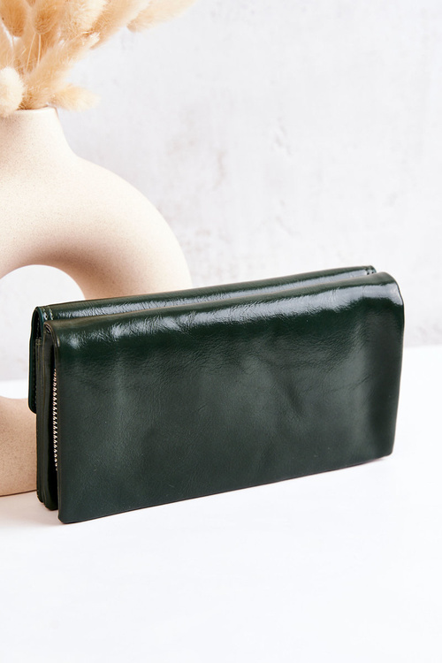 Large Leather Wallet On Zipper Green Loreaine