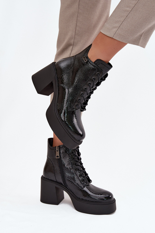 Patent leather leather women's ankle boots on platform and heel Vinceza 66817 black
