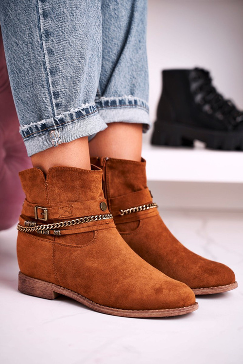 Women's Boots With Chain And Hidden Wedge Suede Camel Eliza