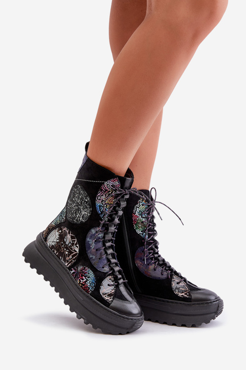 Ocieplane Skórzane Zamszowe Botki Na Platformie Czarne Maciejka 06565-01