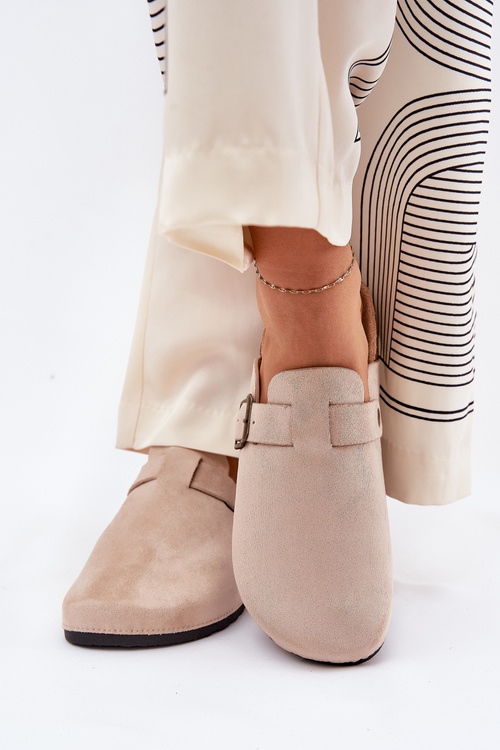 Damskie Klapki Chodaki Na Korkowej Platformie Z Klamrą Beżowe Selio