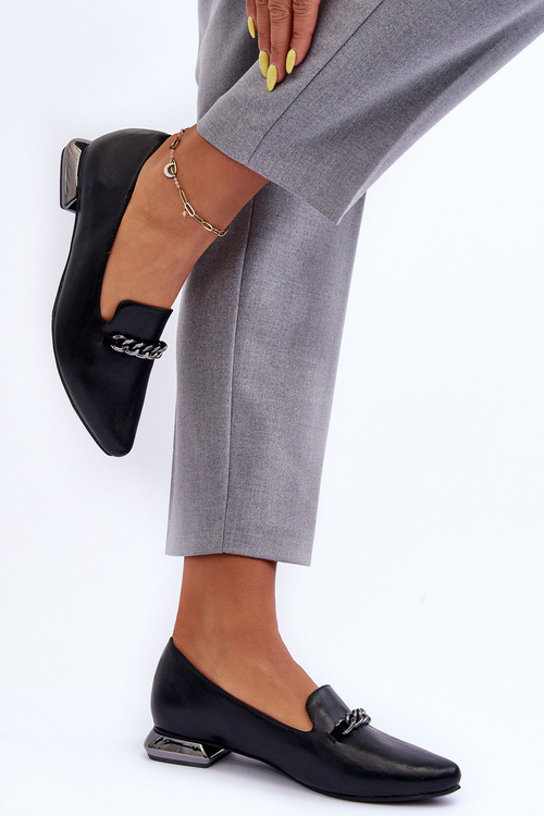 Leather Ballet Flats With Chain Flat Heel Black Lanez