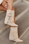 Platform ankle boots with turned-up shaft and buckle eco suede beige Vortinia