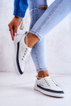 Women's Leather Sneakers White and Navy Blue Cloesa