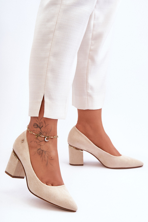 Classic Suede Pumps On Heel With Ornament Light Beige Derren