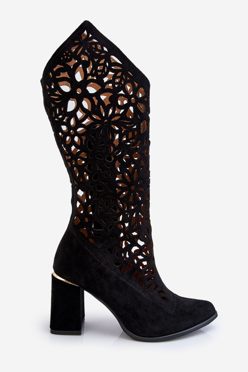 Kozaki Zamsz Ażur Czarne Lewski Shoes 3234