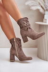 Botki Ażurowe Obcas Słupek Zamsz Ciemnobeżowe Lewski 3629