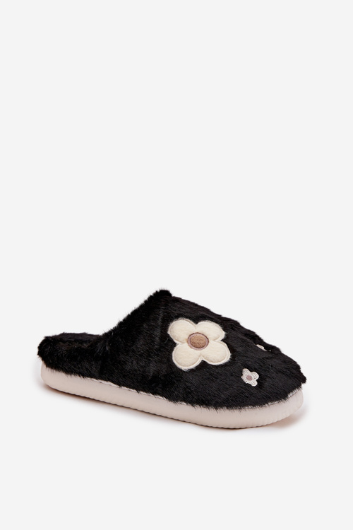 Furry slippers with flowers Black Selinne