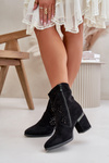 Embellished Perforated Women's Heeled Boots Made Of Eco Suede Black S.Barski HY42-029