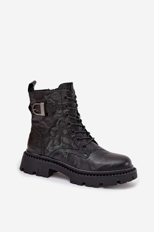 Damskie Botki Ocieplane Efekt Marszczenia Skóra Naturalna Klamra Czarne Artiker 57C1008