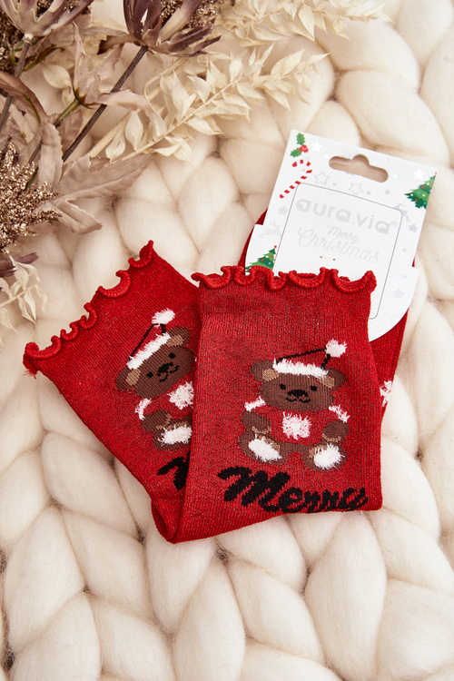 Skarpety Damskie Świąteczne Błyszczące Z Misiem Czerwone