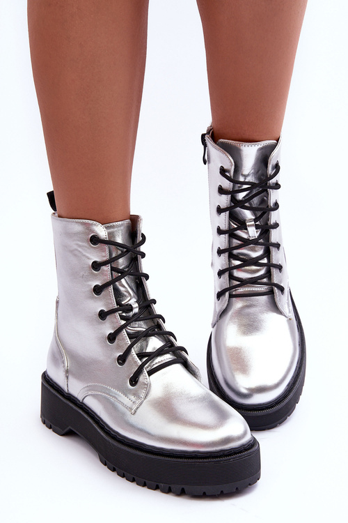 Botki Workery Metaliczne Skóra Srebrne Teflorna CLS-270